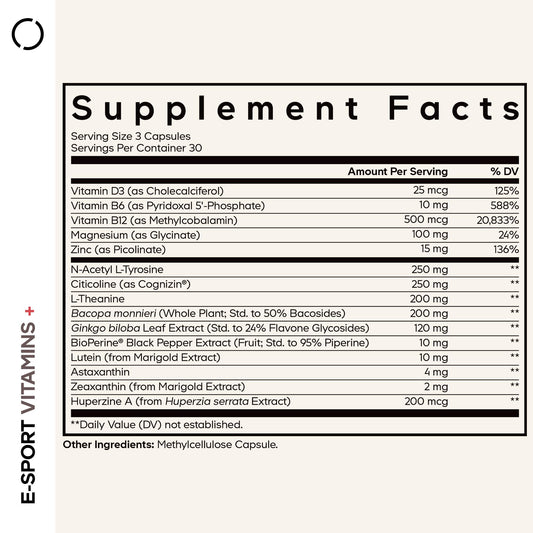 Codeage E-Sport Vitamins+ capsules close-up, hinting at daily nootropic support.