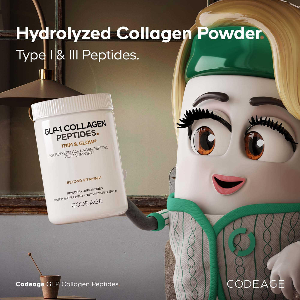 Codeage GLP-1 Collagen Powder being mixed in a glass for a smoothie.
