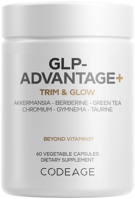 Codeage GLP-Advantage+ bottle front showing vegan capsules for daily metabolic support.