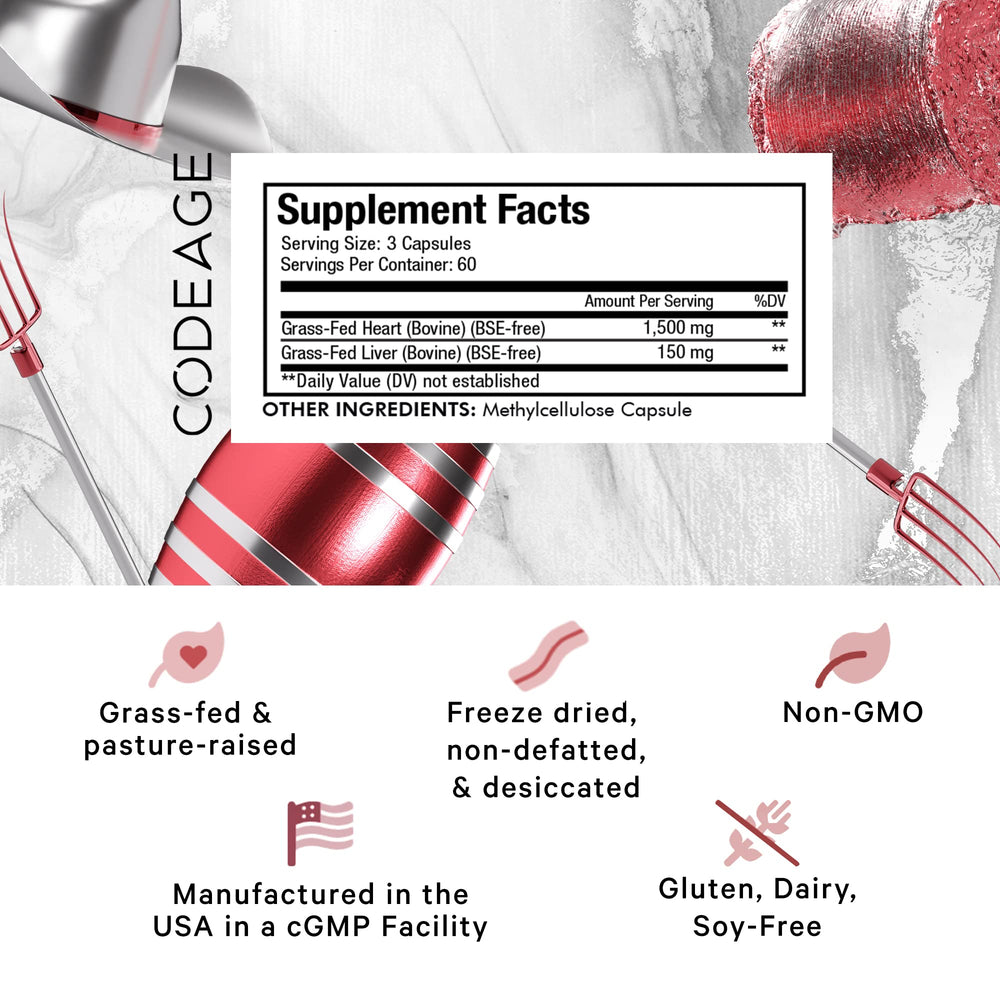 Codeage grass-fed beef heart capsules on a white backdrop for daily use