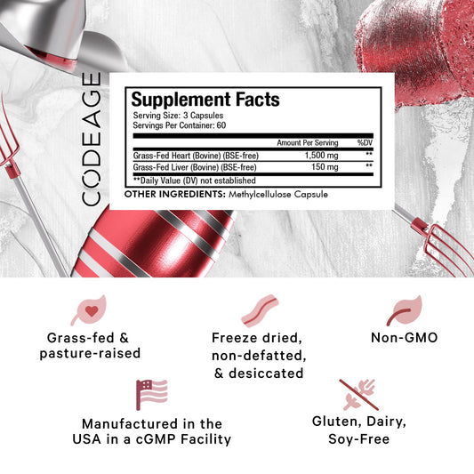 Codeage grass-fed beef heart capsules on a white backdrop for daily use