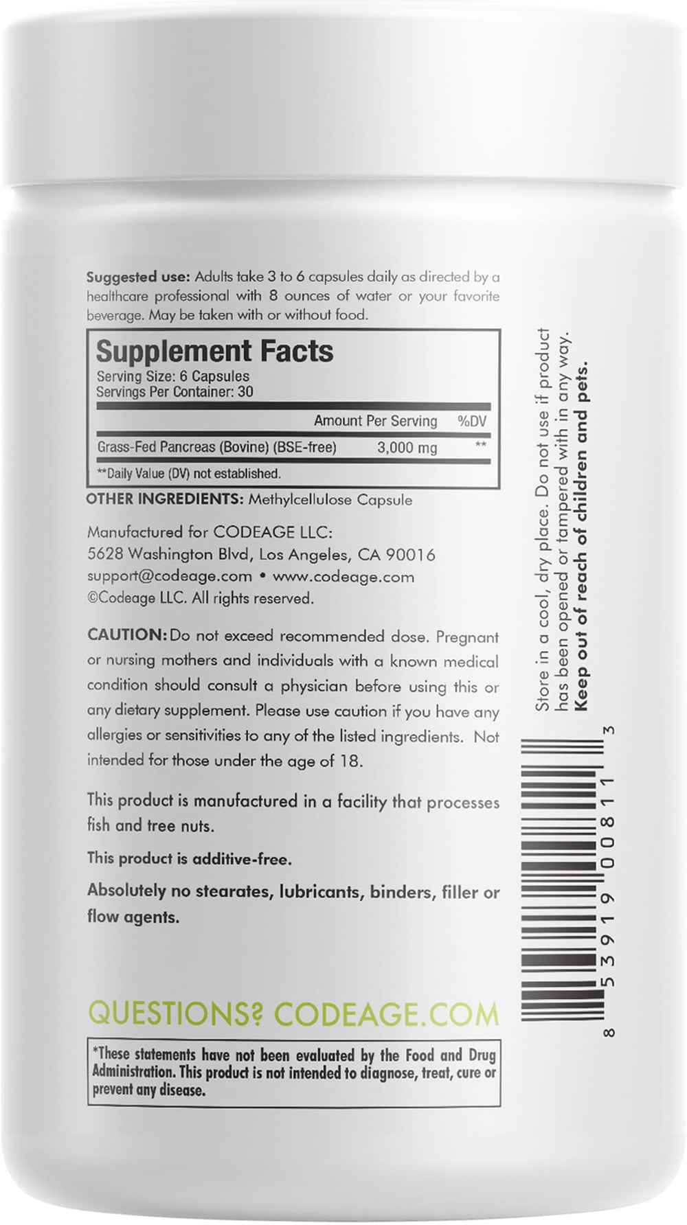 Codeage Beef Pancreas nutrition label showing vitamins and enzymes.