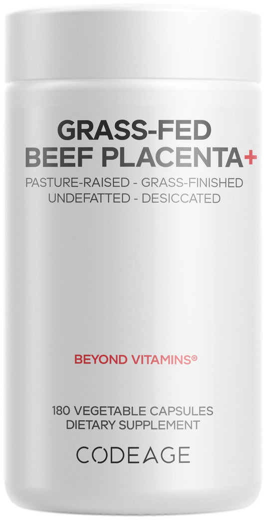 Codeage Grass-Fed Beef Placenta bottle close-up, premium pasture-raised formula.