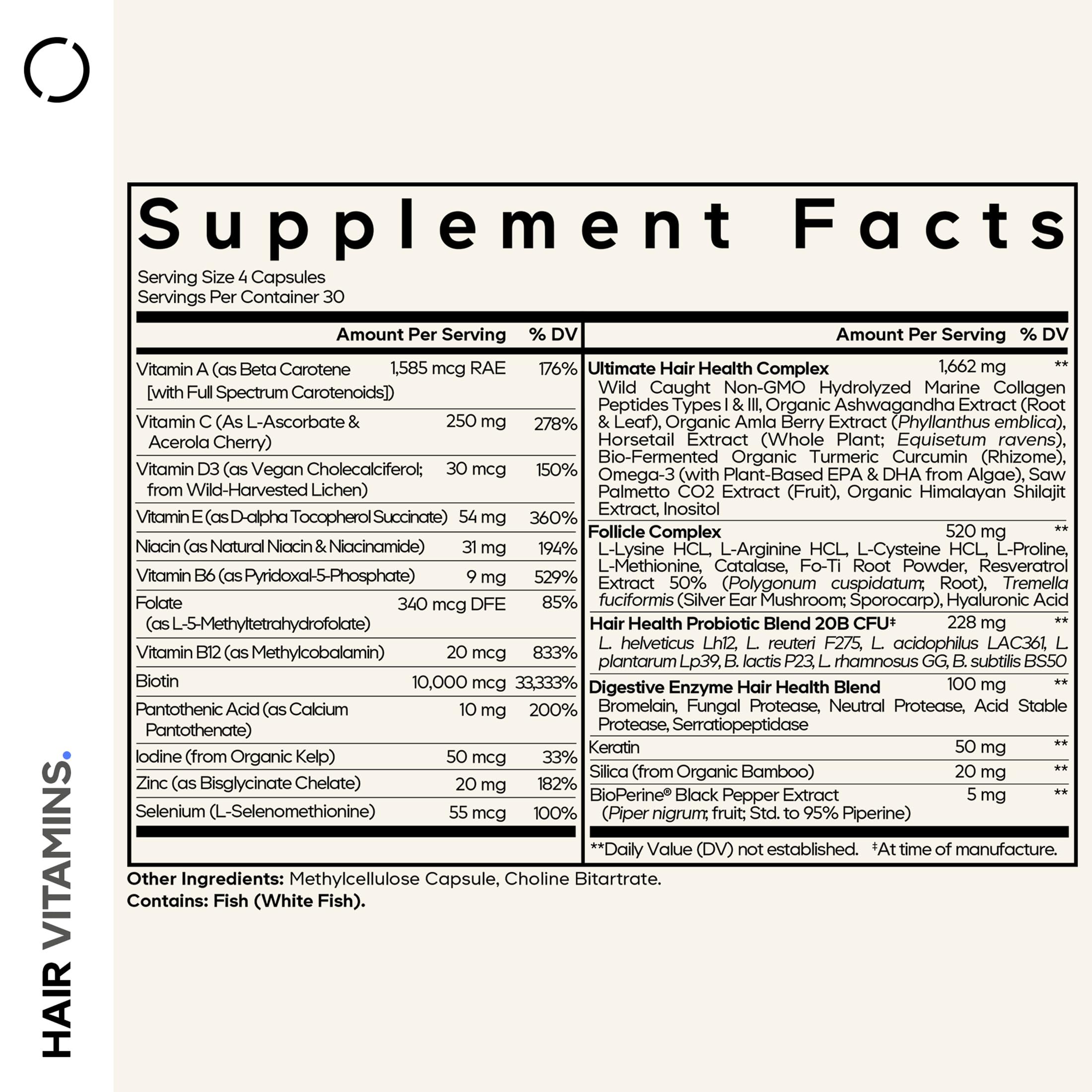 Codeage Hair Vitamins bottle close-up highlighting capsules for daily nourishment.