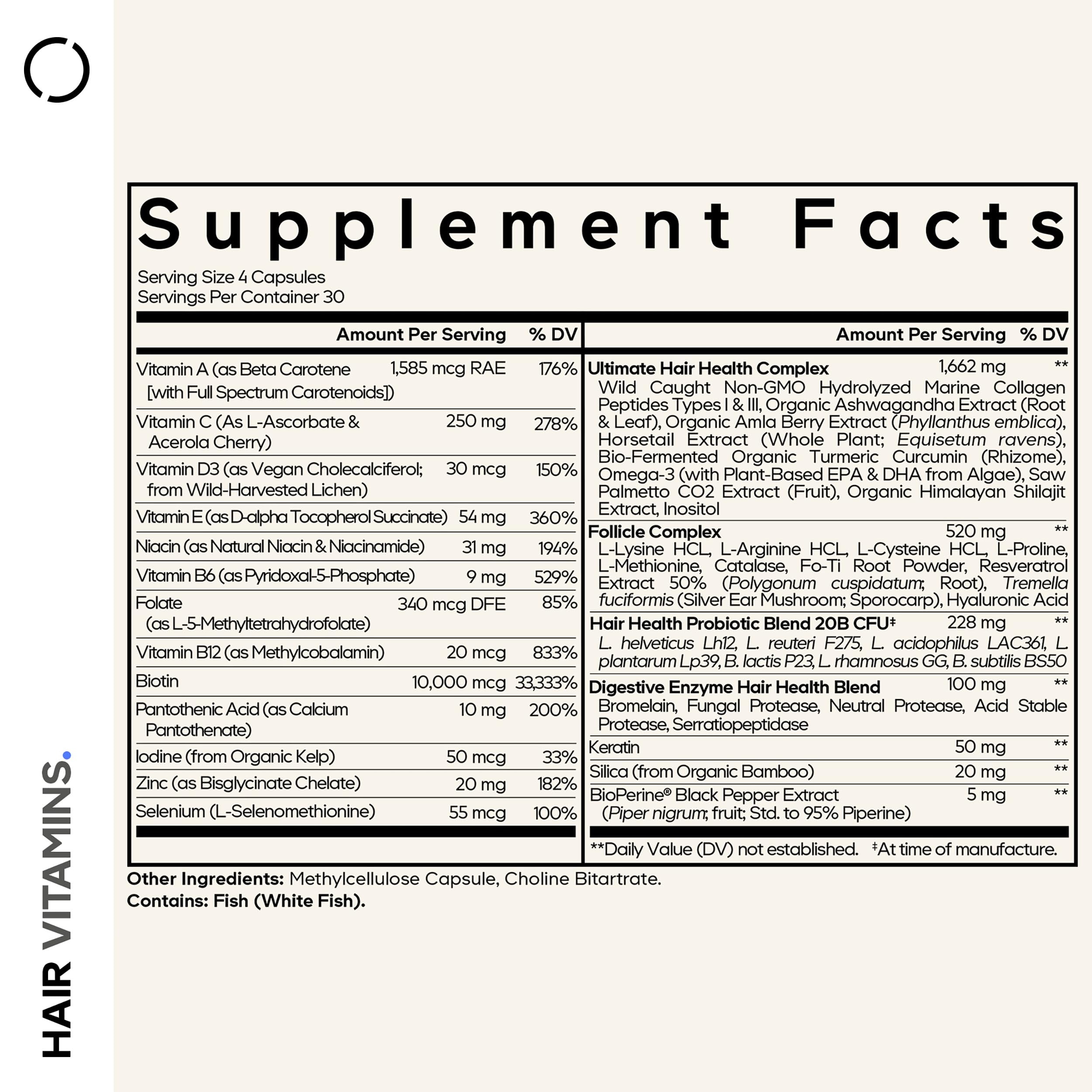 Codeage Hair Vitamins bottle label with complete nutrient breakdown