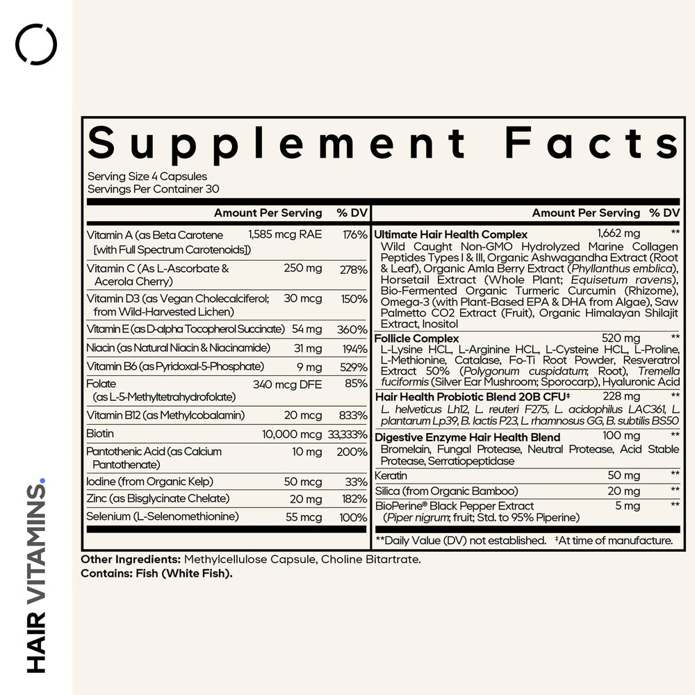 Codeage Hair Vitamins bottle label with complete nutrient breakdown