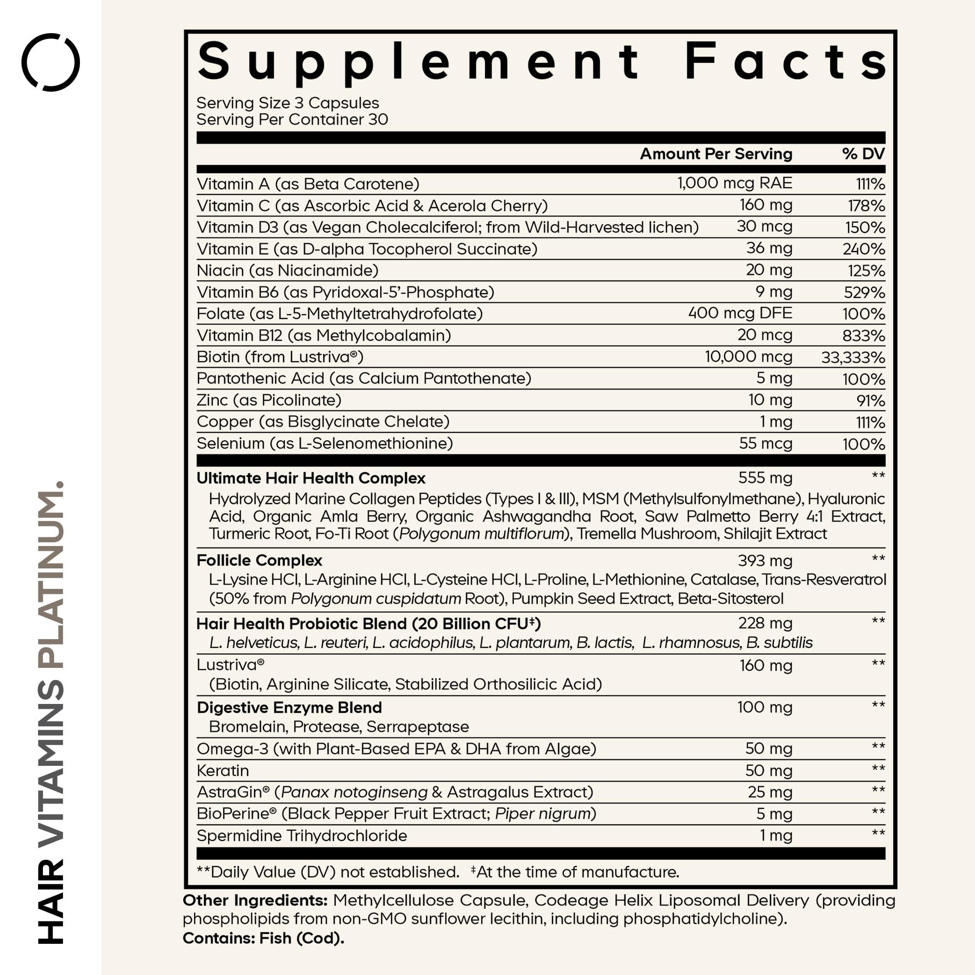 Codeage Hair Vitamins Platinum capsules close-up easy-to-swallow daily tablets