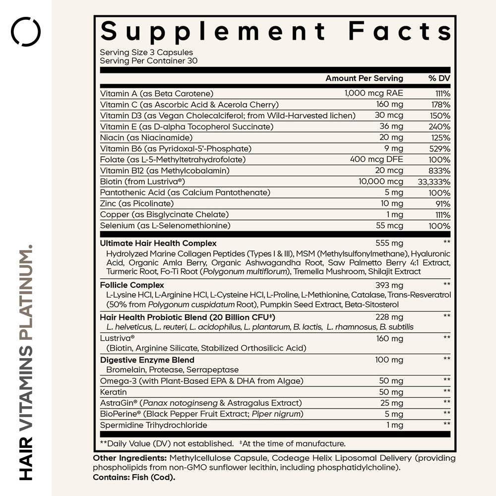 Codeage Hair Vitamins Platinum capsules close-up easy-to-swallow daily tablets