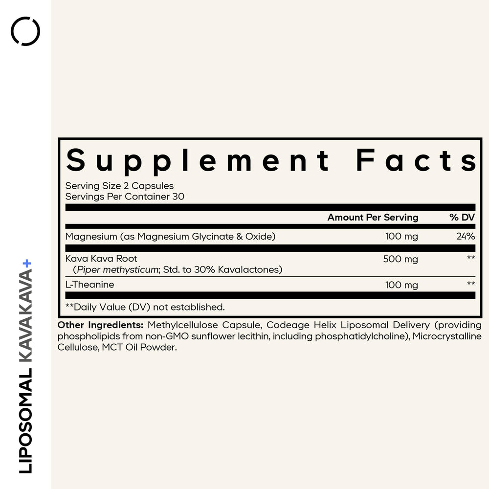 Codeage Kava Kava root extract bottle shows 30% kavalactones standard.