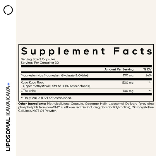 Codeage Kava Kava root extract bottle shows 30% kavalactones standard.