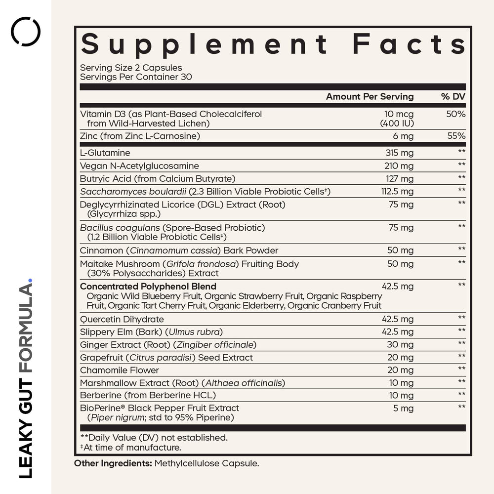 Close-up of Codeage Leaky Gut capsules for easy daily use.