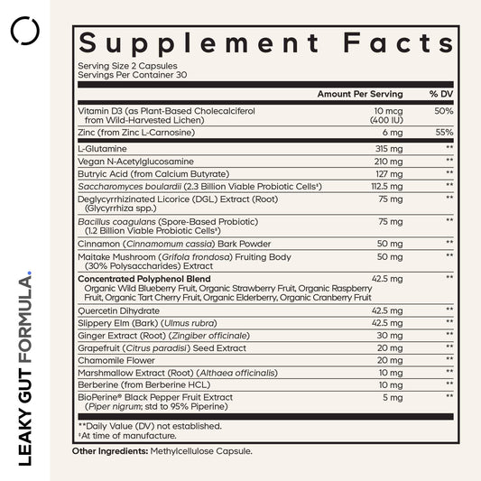 Close-up of Codeage Leaky Gut capsules for easy daily use.