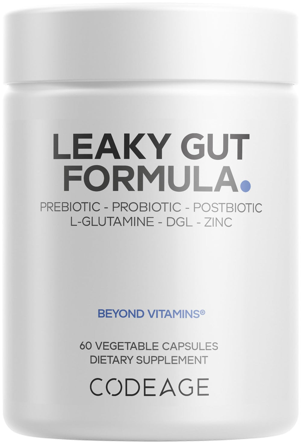 Codeage Leaky Gut bottle with vegan capsules suggesting daily gut wellness.