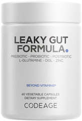 Codeage Leaky Gut bottle with vegan capsules suggesting daily gut wellness.