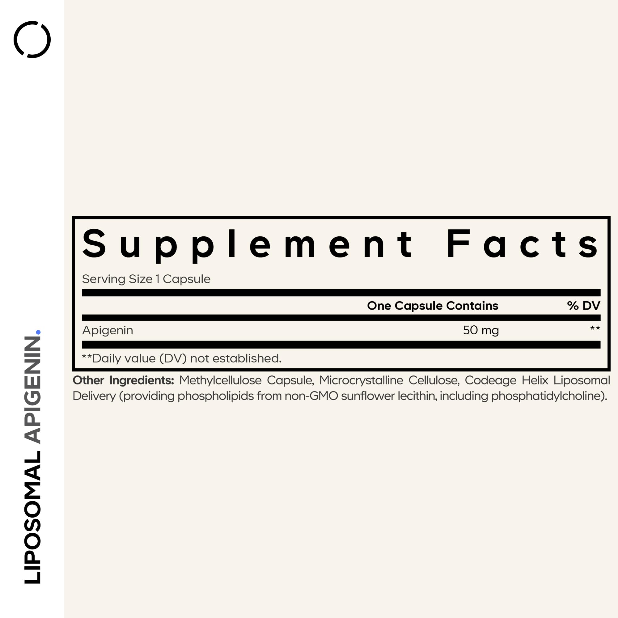 Codeage Liposomal Apigenin capsule closeup showing chamomile-derived flavonoid