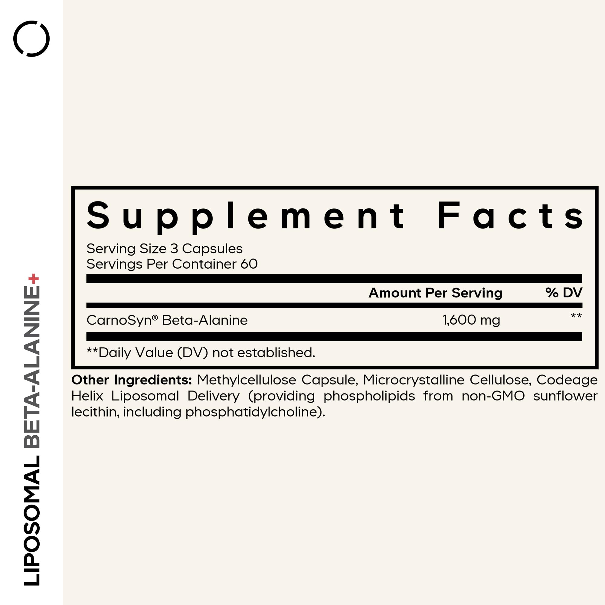 Codeage Liposomal Beta-Alanine bottle back label emphasizing CarnoSyn beta-alanine benefits