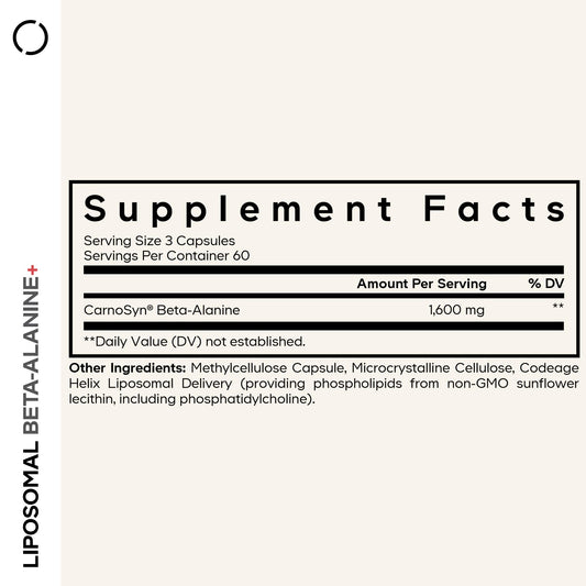 Codeage Liposomal Beta-Alanine bottle back label emphasizing CarnoSyn beta-alanine benefits