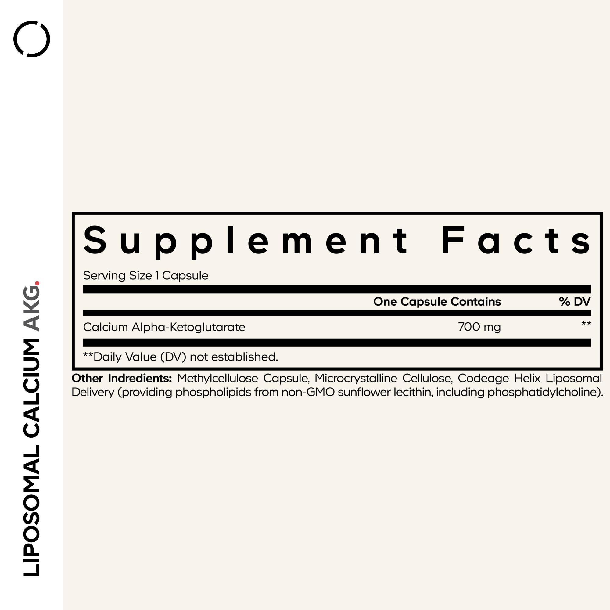 Codeage Liposomal Calcium AKG capsule closeup emphasizing easy-to-swallow daily use.