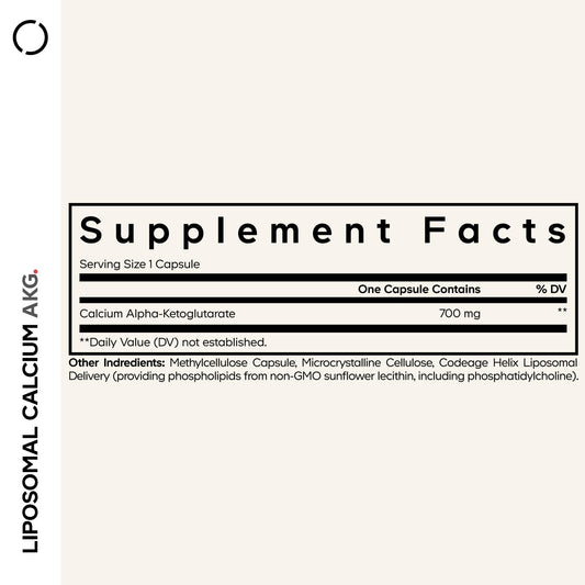 Codeage Liposomal Calcium AKG capsule closeup emphasizing easy-to-swallow daily use.
