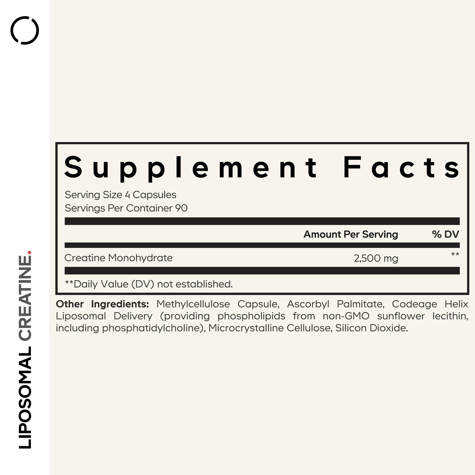 Codeage Liposomal Creatine Monohydrate bottle back label with ingredients and servings