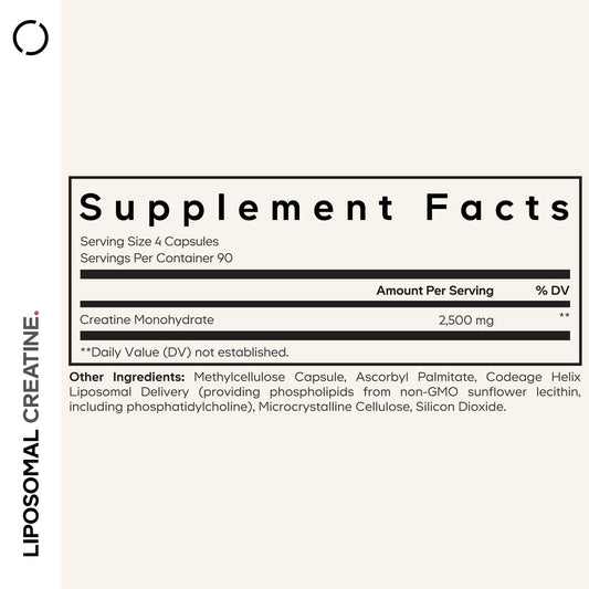 Codeage Liposomal Creatine Monohydrate bottle back label with ingredients and servings