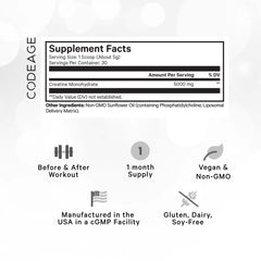 Codeage Liposomal Creatine bottle back reveals purity-focused ingredients.