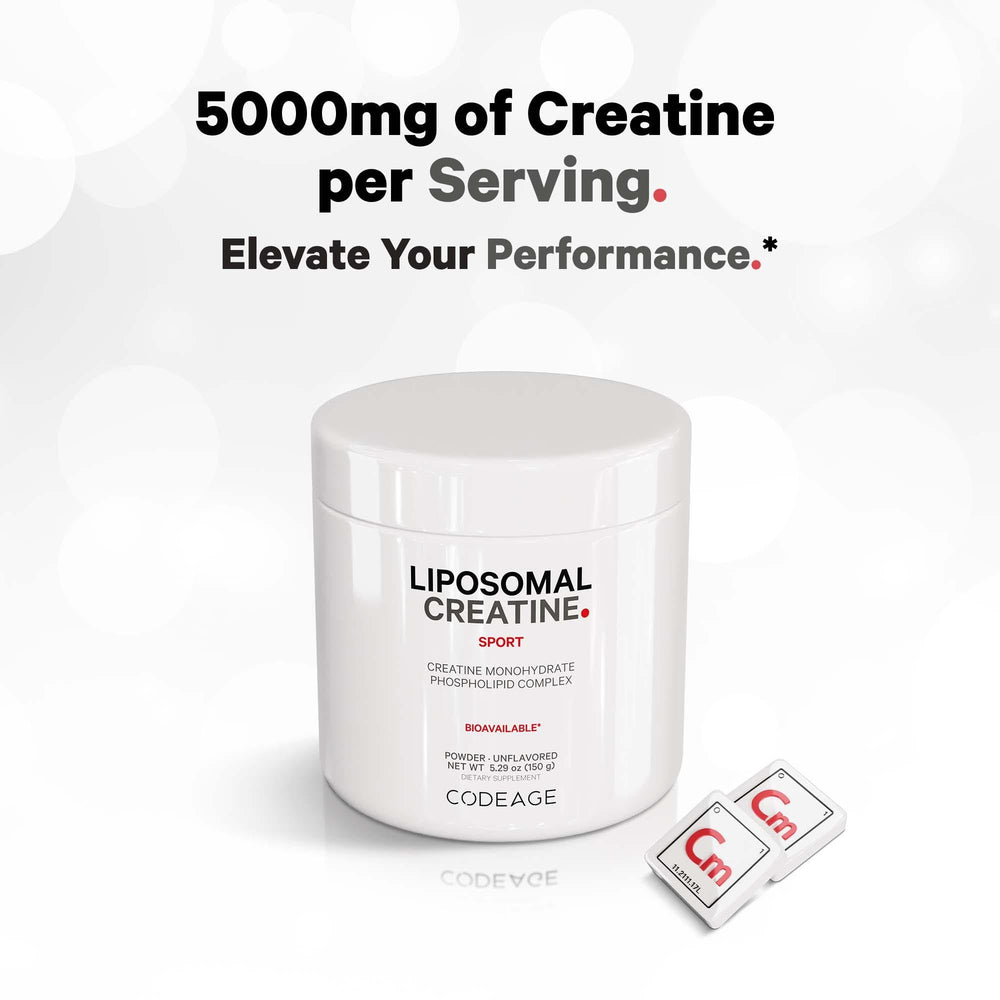 Codeage Liposomal Creatine powder scoop and jar ready to measure.