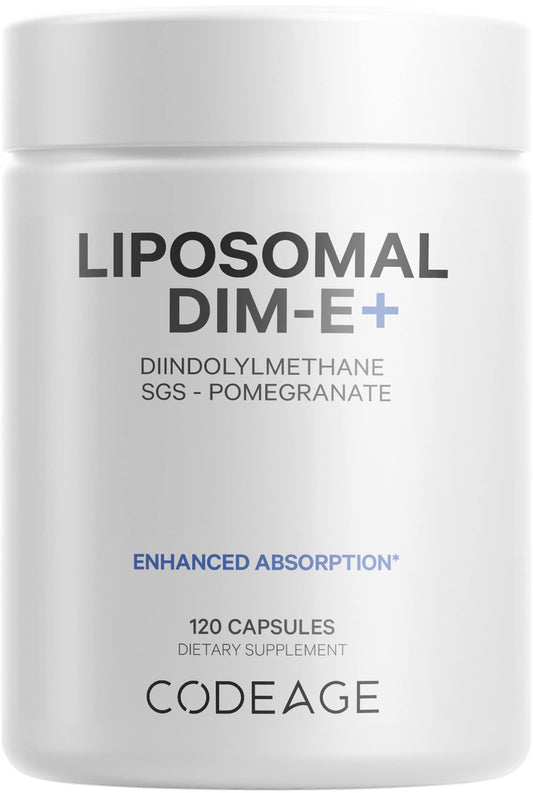 Codeage Liposomal DIM-E+ bottle displayed on a clean shelf, highlighting vegan, gluten-free formulation.