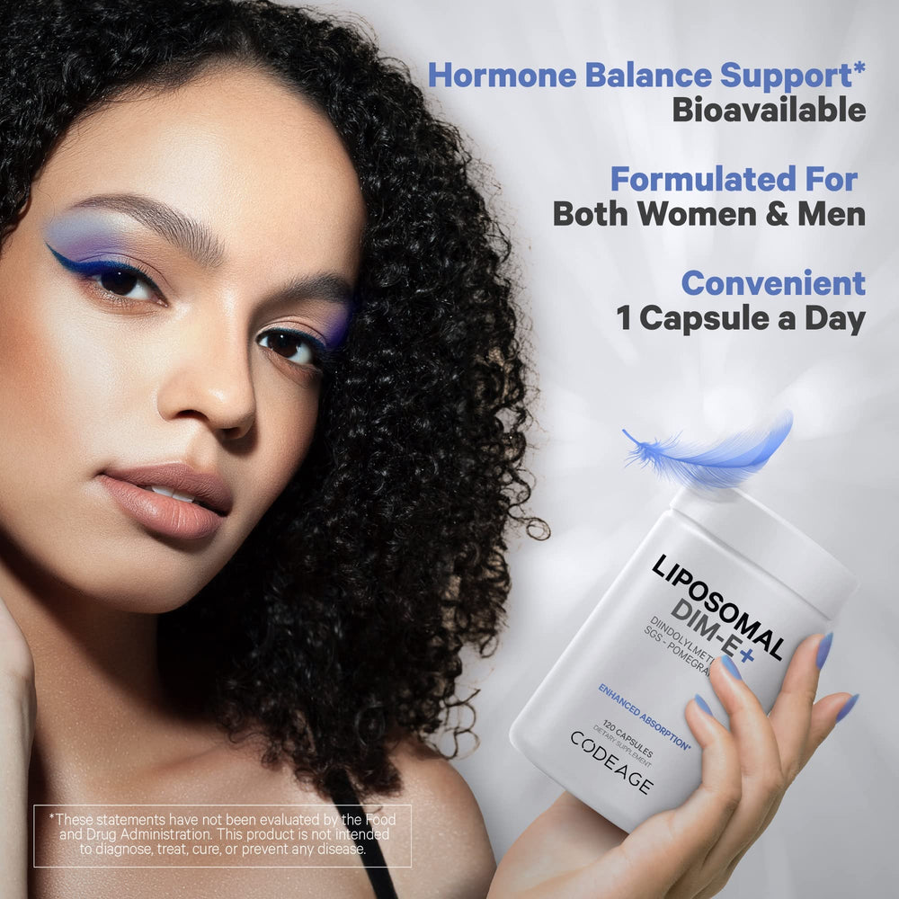 Liposomal delivery graphic demonstrates enhanced nutrient transport within Codeage DIM-E+ formula.