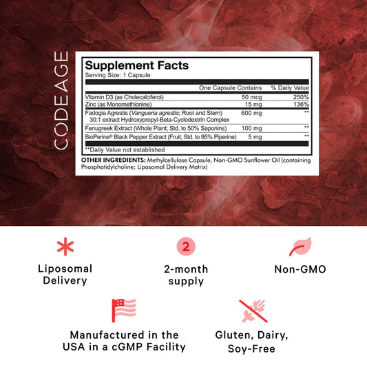 Codeage Liposomal Fadogia Agrestis capsules close-up for convenient daily supplementation.