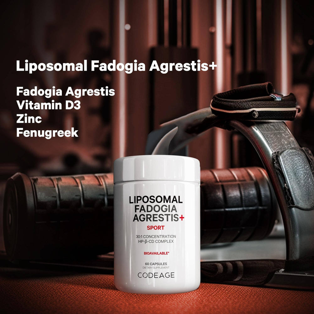 Codeage Liposomal Fadogia Agrestis bottle highlighting Vitamin D3 and Zinc inclusion.