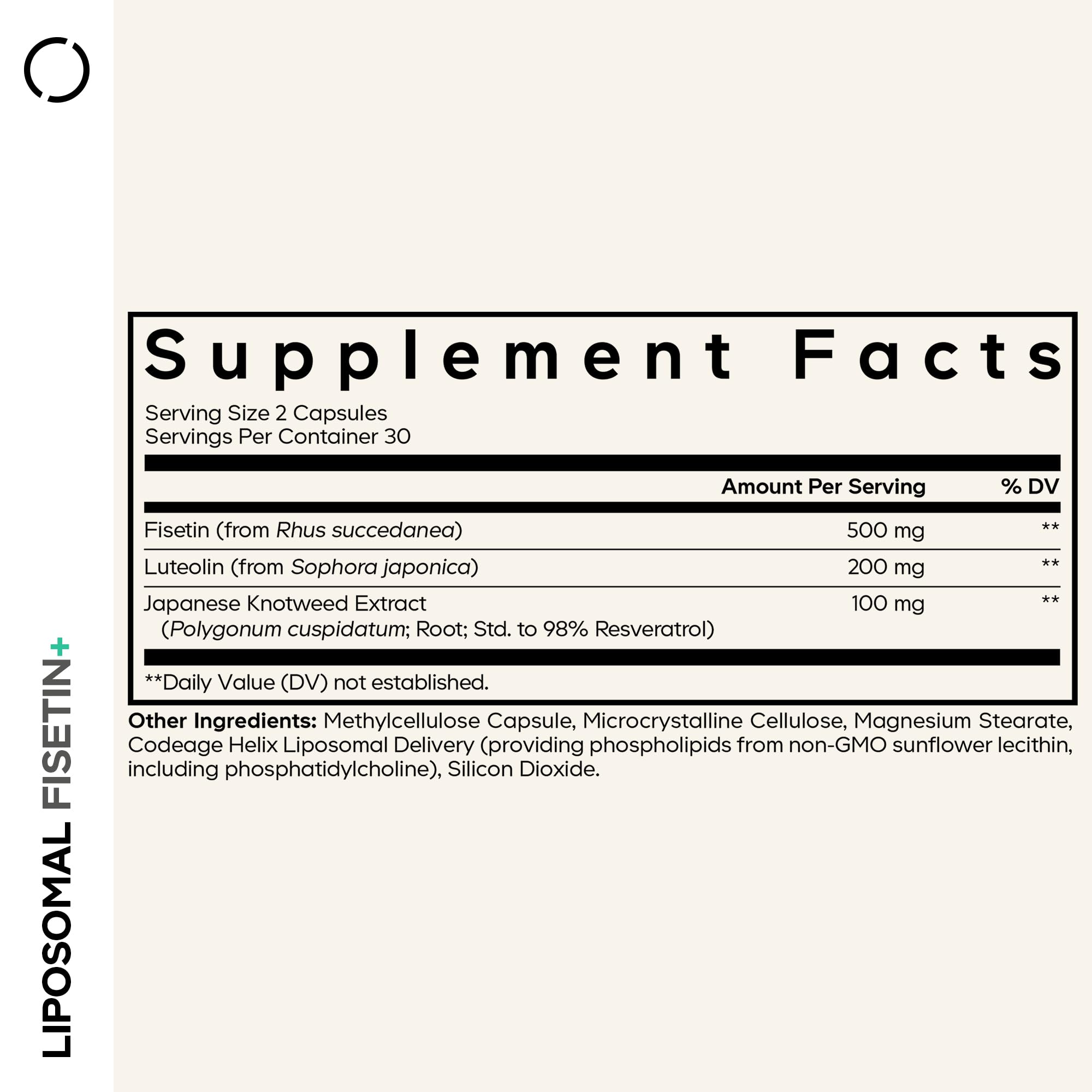 Codeage Liposomal Fisetin cap closeup highlighting easy to swallow capsules