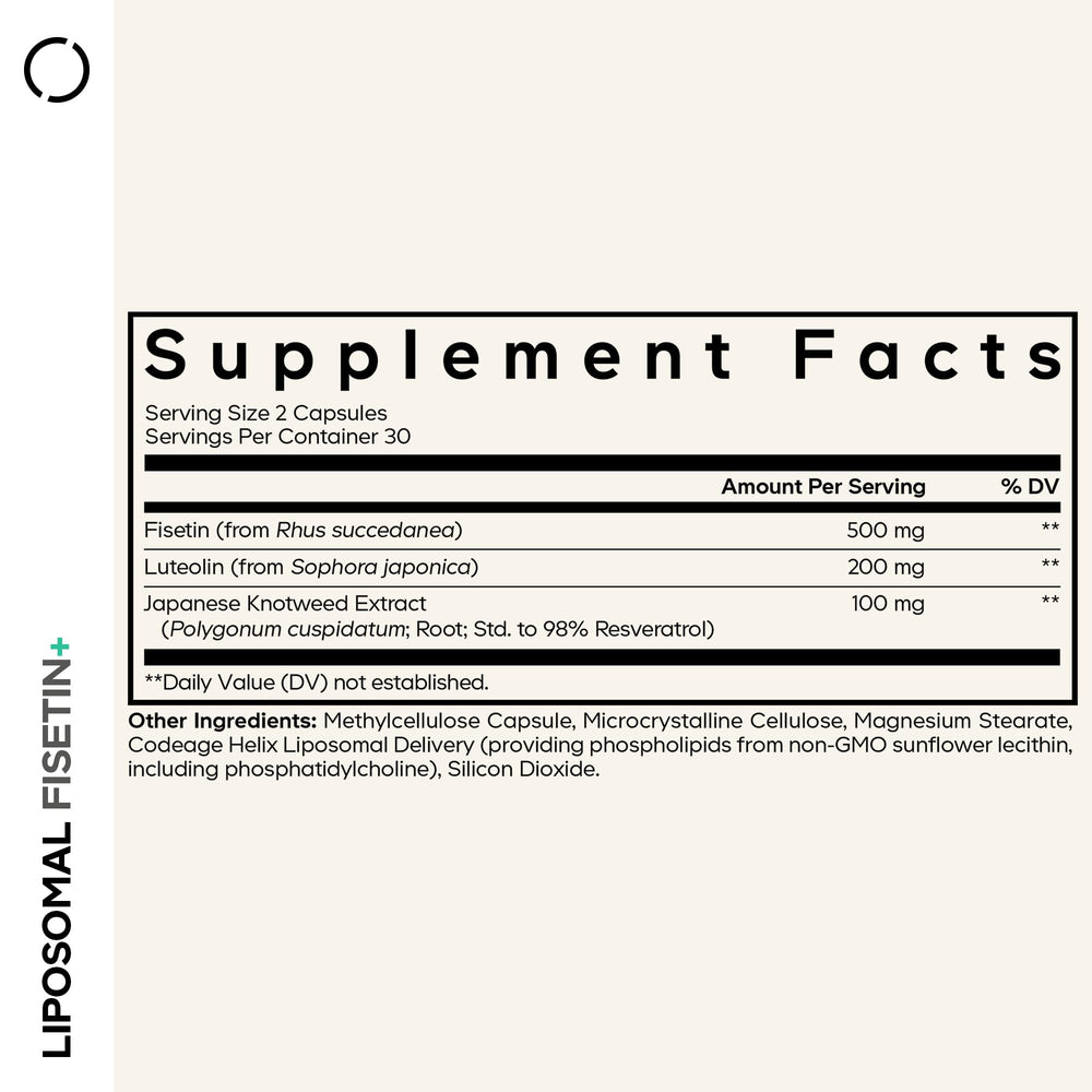 Codeage Liposomal Fisetin cap closeup highlighting easy to swallow capsules