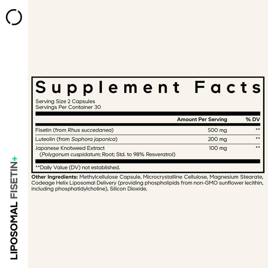 Codeage Liposomal Fisetin cap closeup highlighting easy to swallow capsules