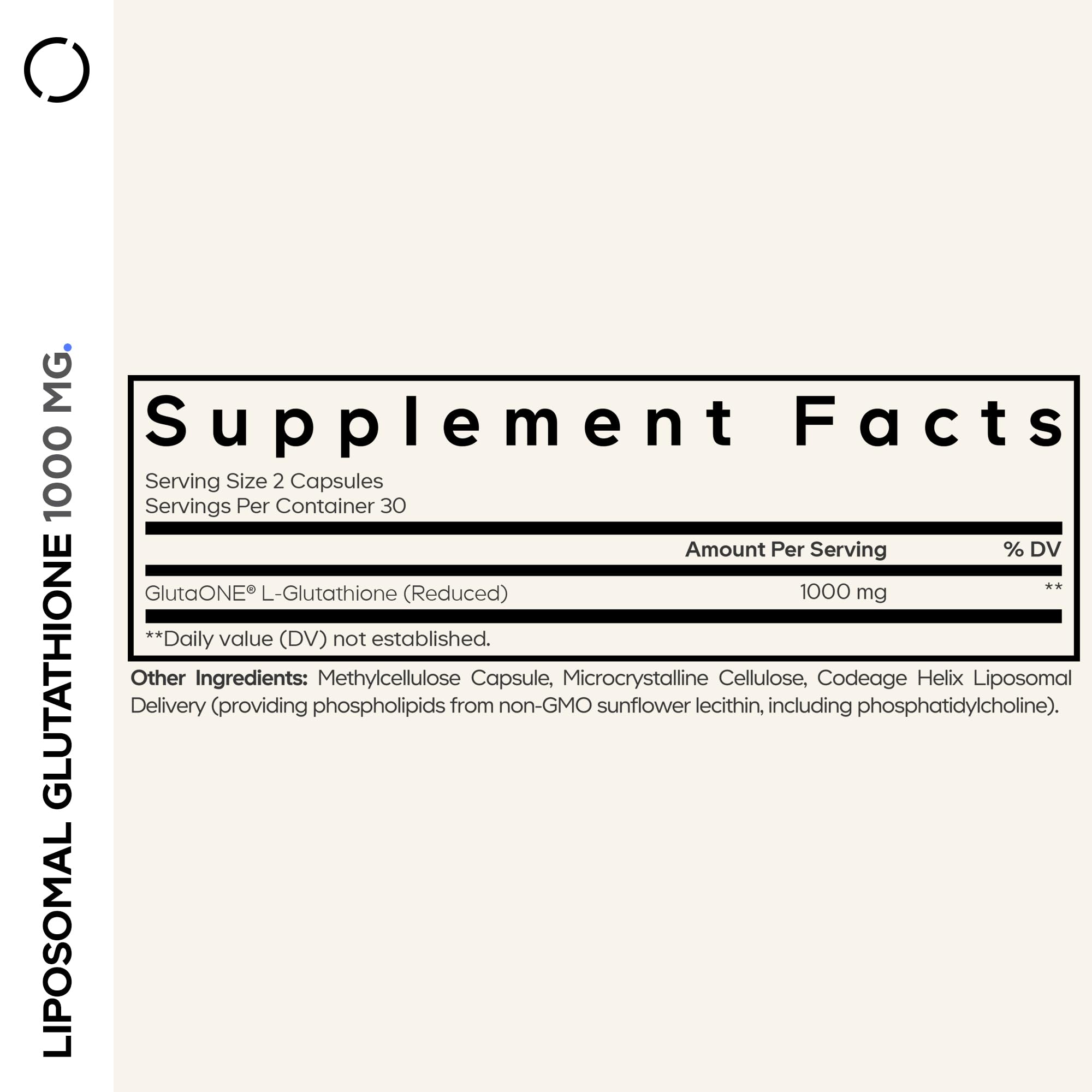 Codeage Liposomal Glutathione label highlights non-GMO sunflower lecithin and advanced liposomal delivery.