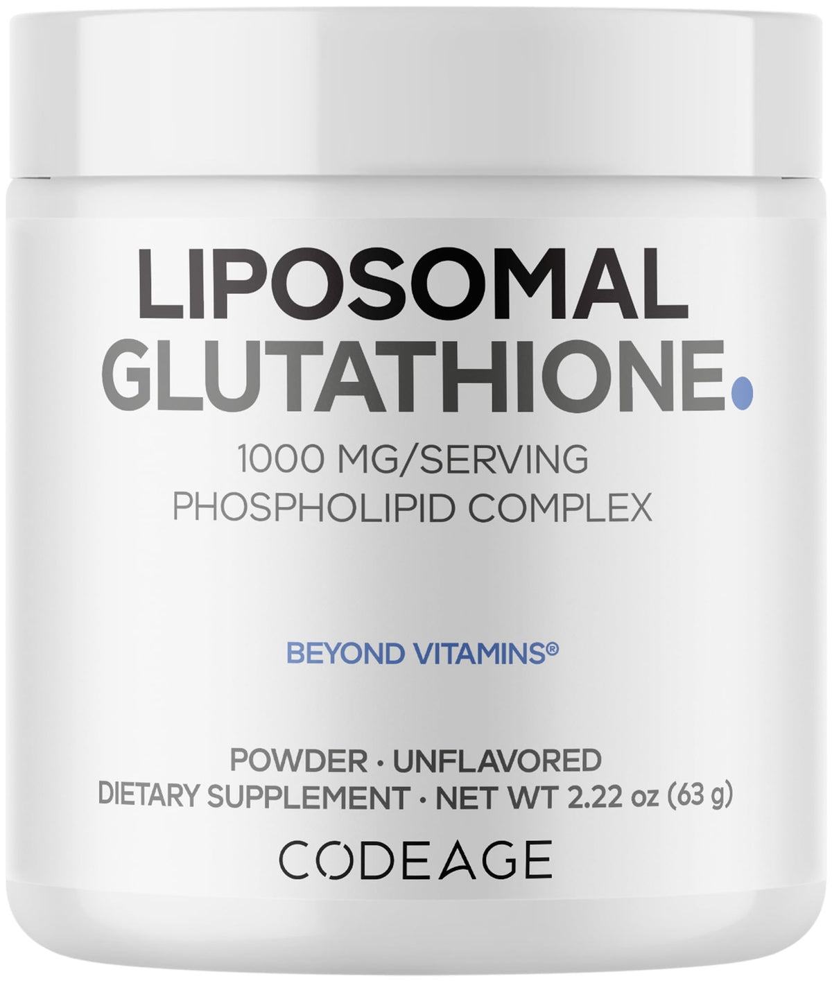 Codeage Liposomal Glutathione Powder bottle-front shows vegan, non-GMO supplement.