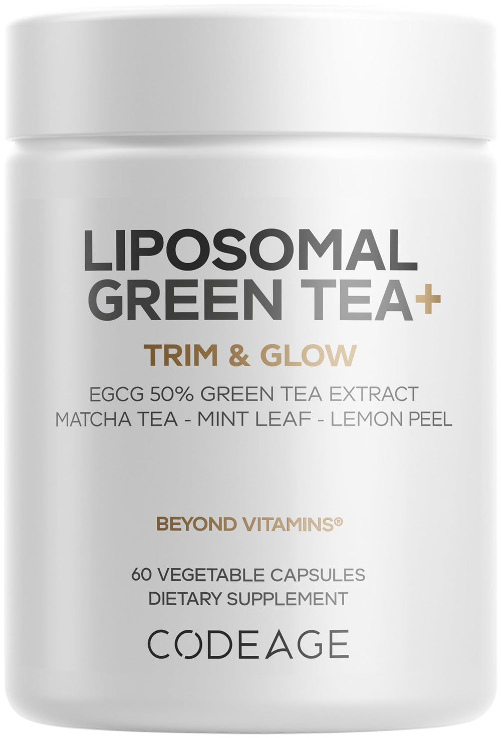 Codeage Liposomal Green Tea+ bottle showcases liposomal delivery for enhanced absorption.