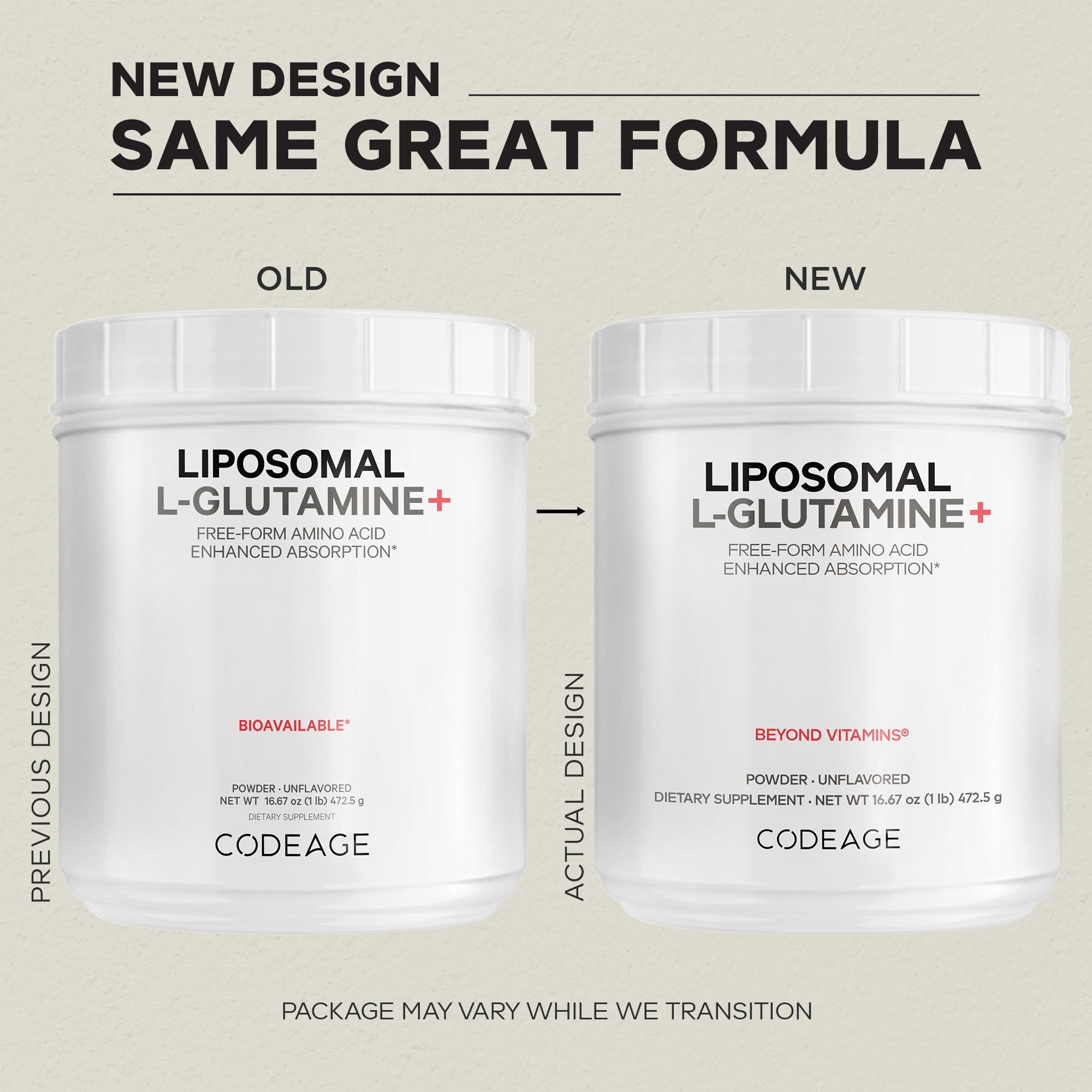 Codeage liposomal L-glutamine powder bottle with clean label.