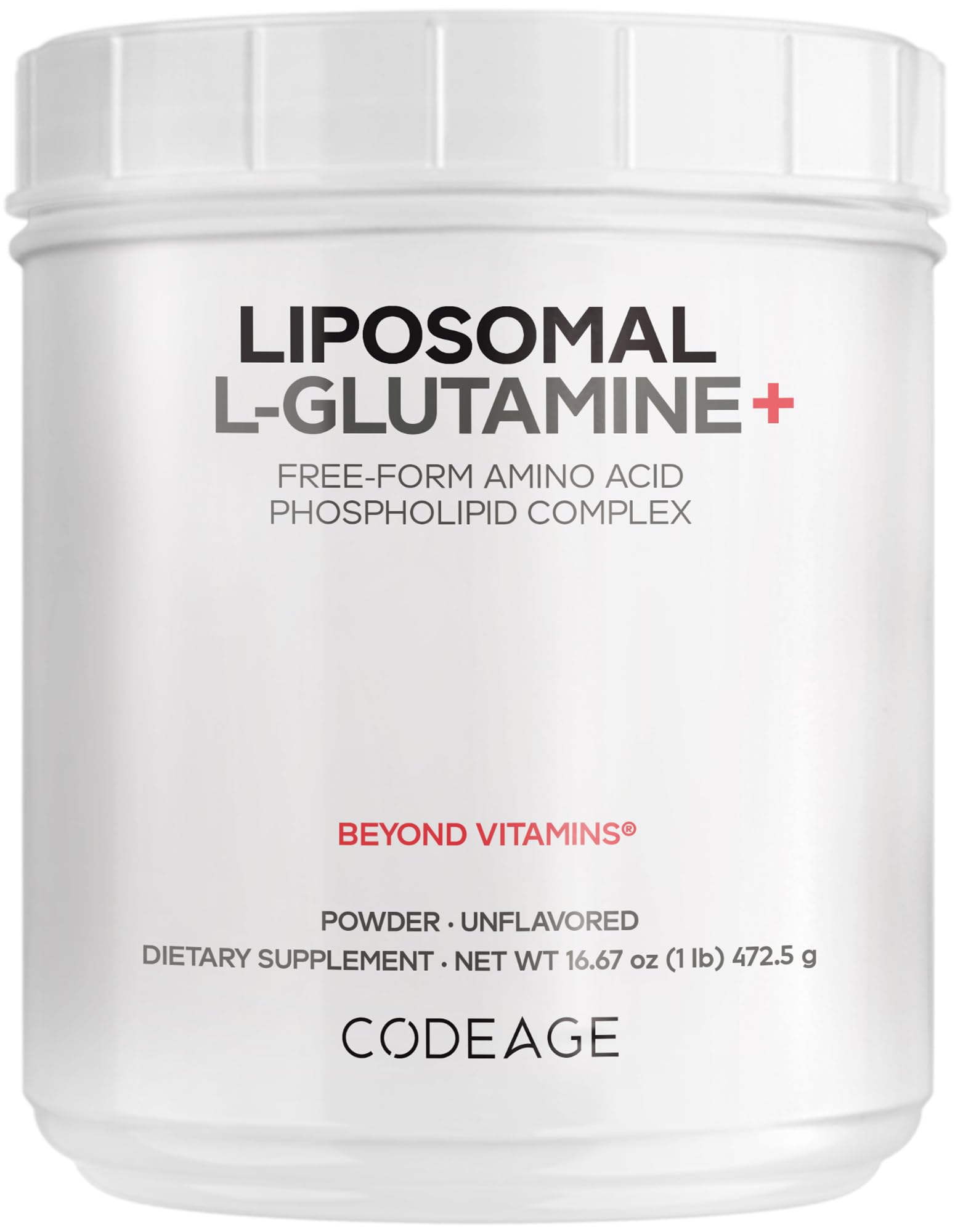 Codeage liposomal L-glutamine powder in a jar, high potency for mixing.