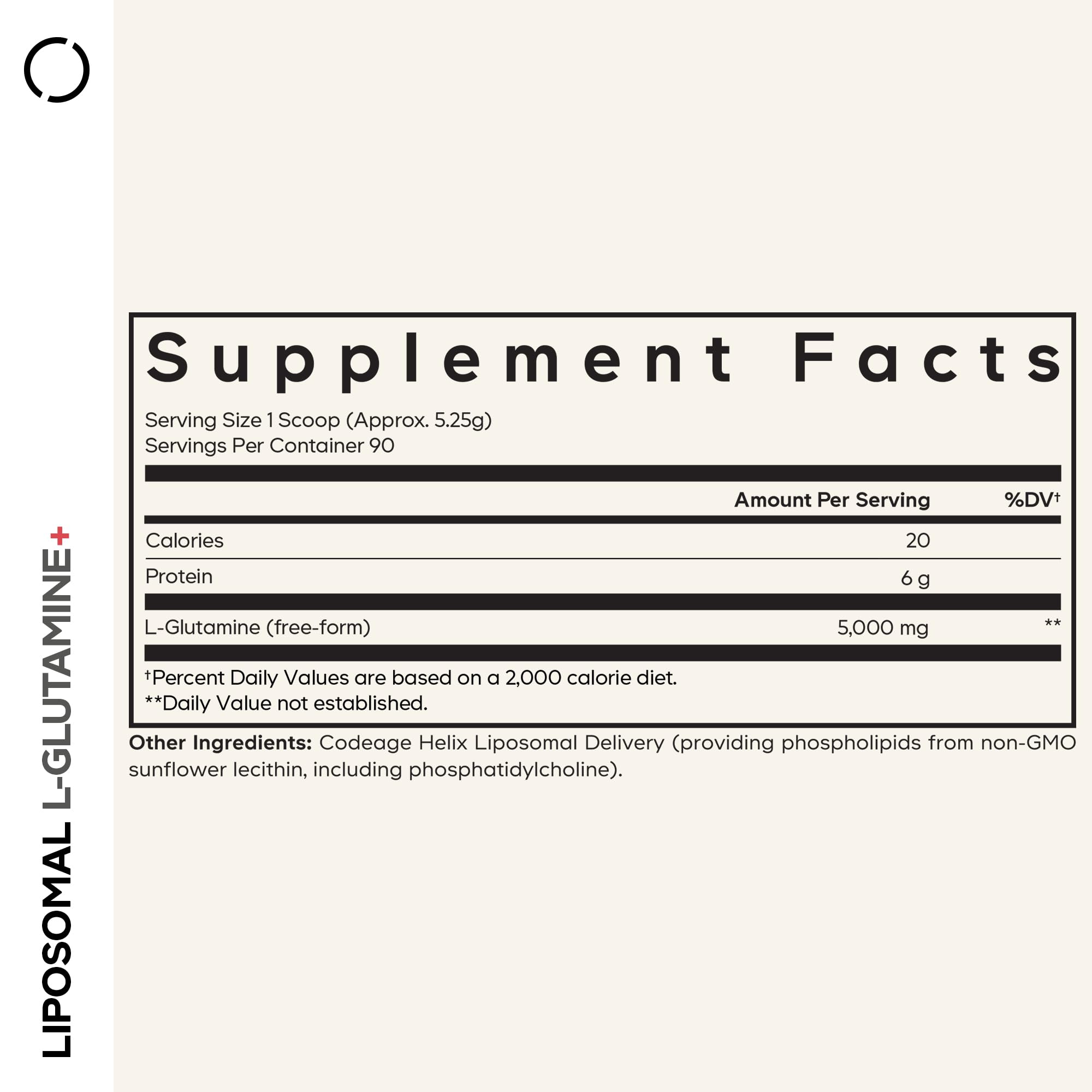 Codeage liposomal L-glutamine powder scoop indicating daily serving.