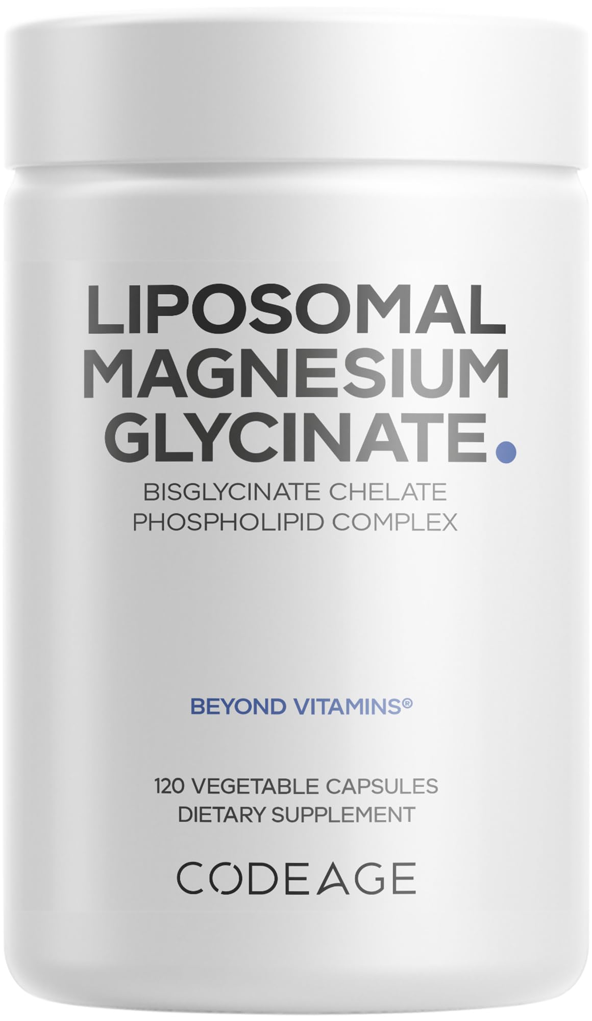 Codeage liposomal magnesium glycinate bottle highlights liposomal delivery for enhanced absorption.