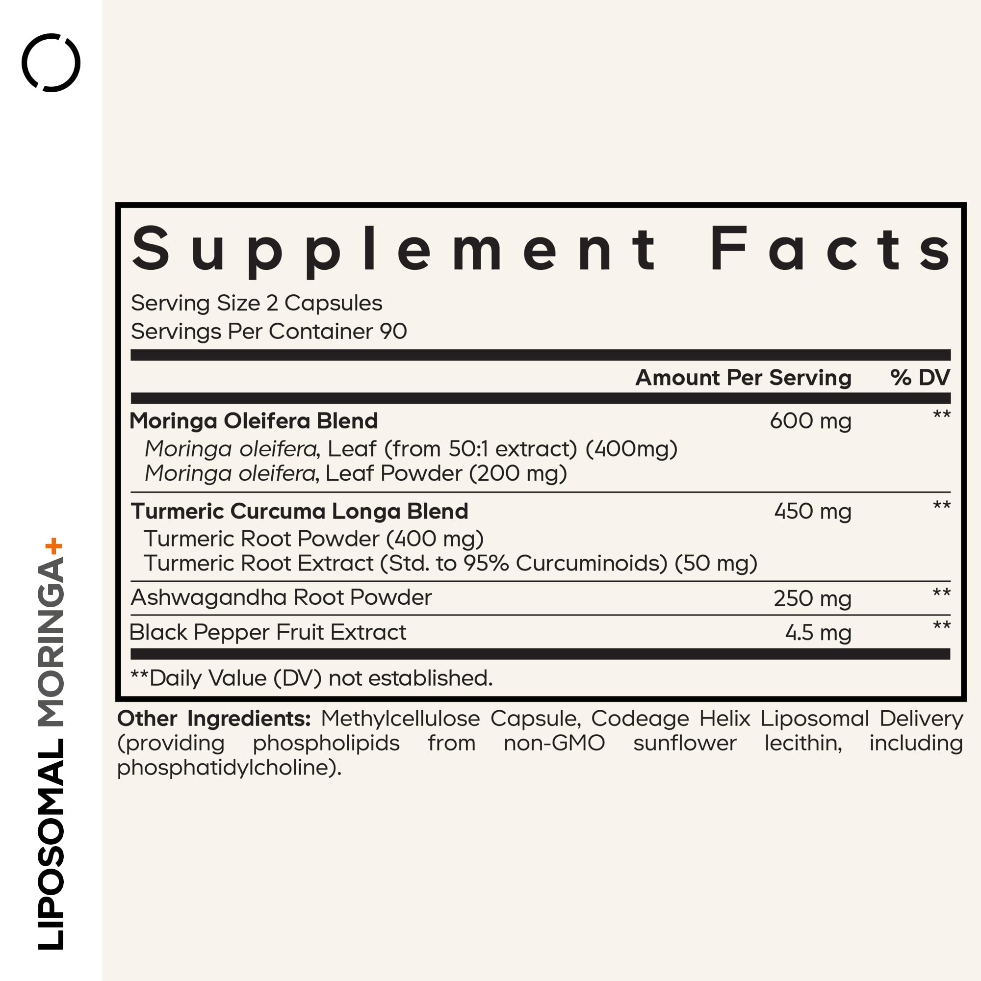 Codeage Liposomal Moringa+ bottle back with serving details and info
