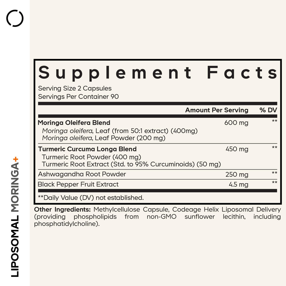 Codeage Liposomal Moringa+ bottle back with serving details and info