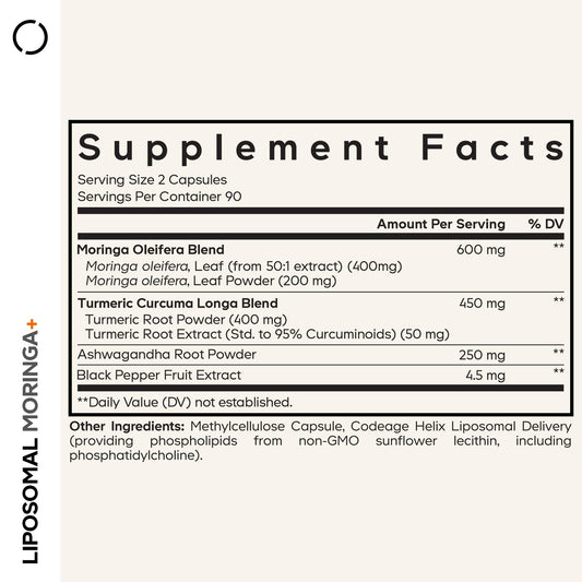 Codeage Liposomal Moringa+ bottle back with serving details and info