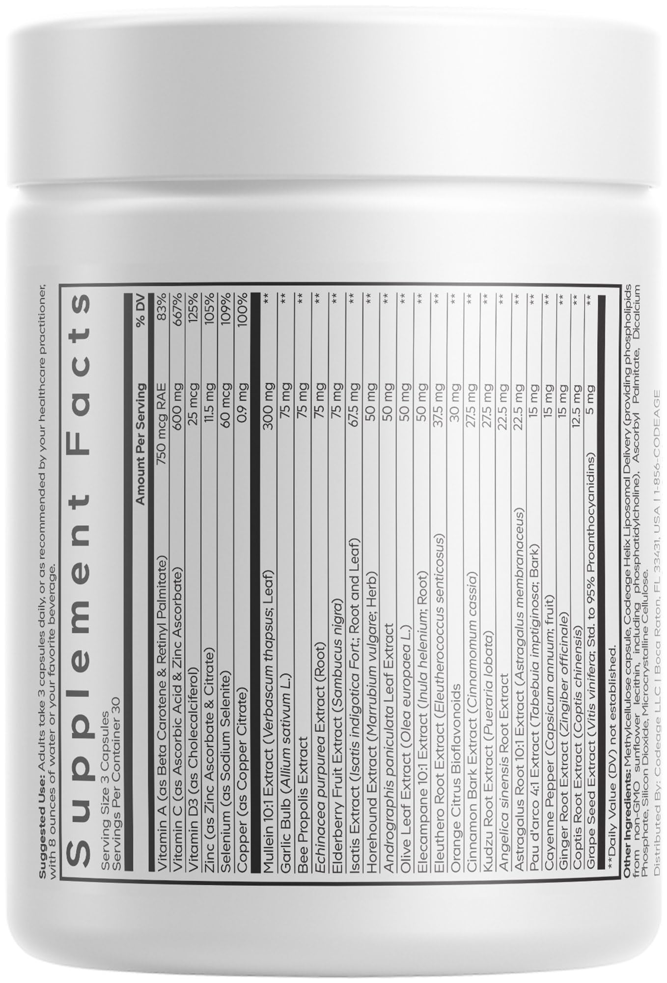 Codeage Liposomal Mullein Ultra ingredients label highlights the herbal blend and added vitamins.