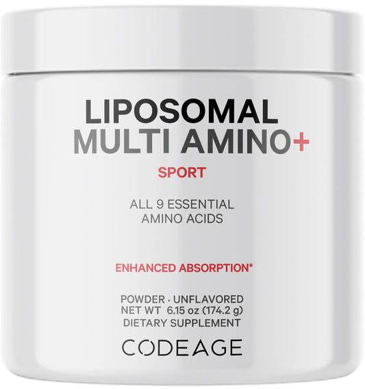 Codeage Liposomal Multi Amino bottle pour for easy daily use with unflavored powder