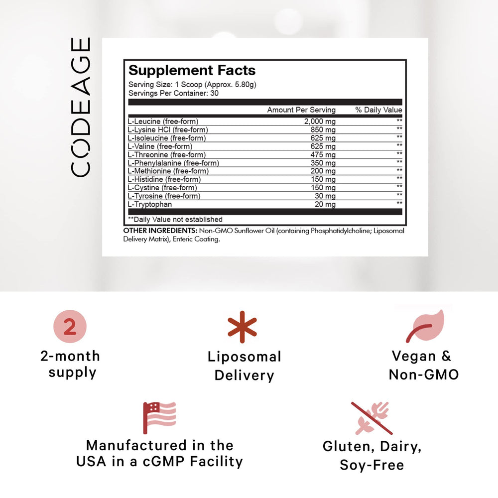 Codeage Liposomal Multi Amino powder scoop ready for pre- or post-workout drinks