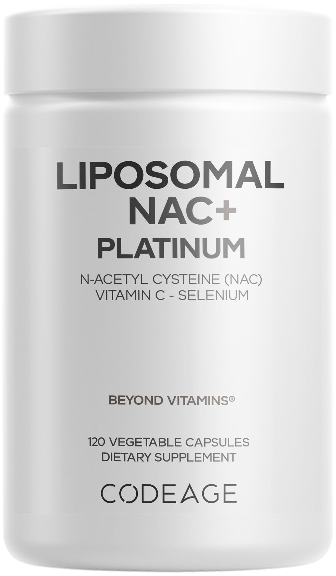 Codeage Liposomal NAC+ Platinum bottle front view for daily supplementation.