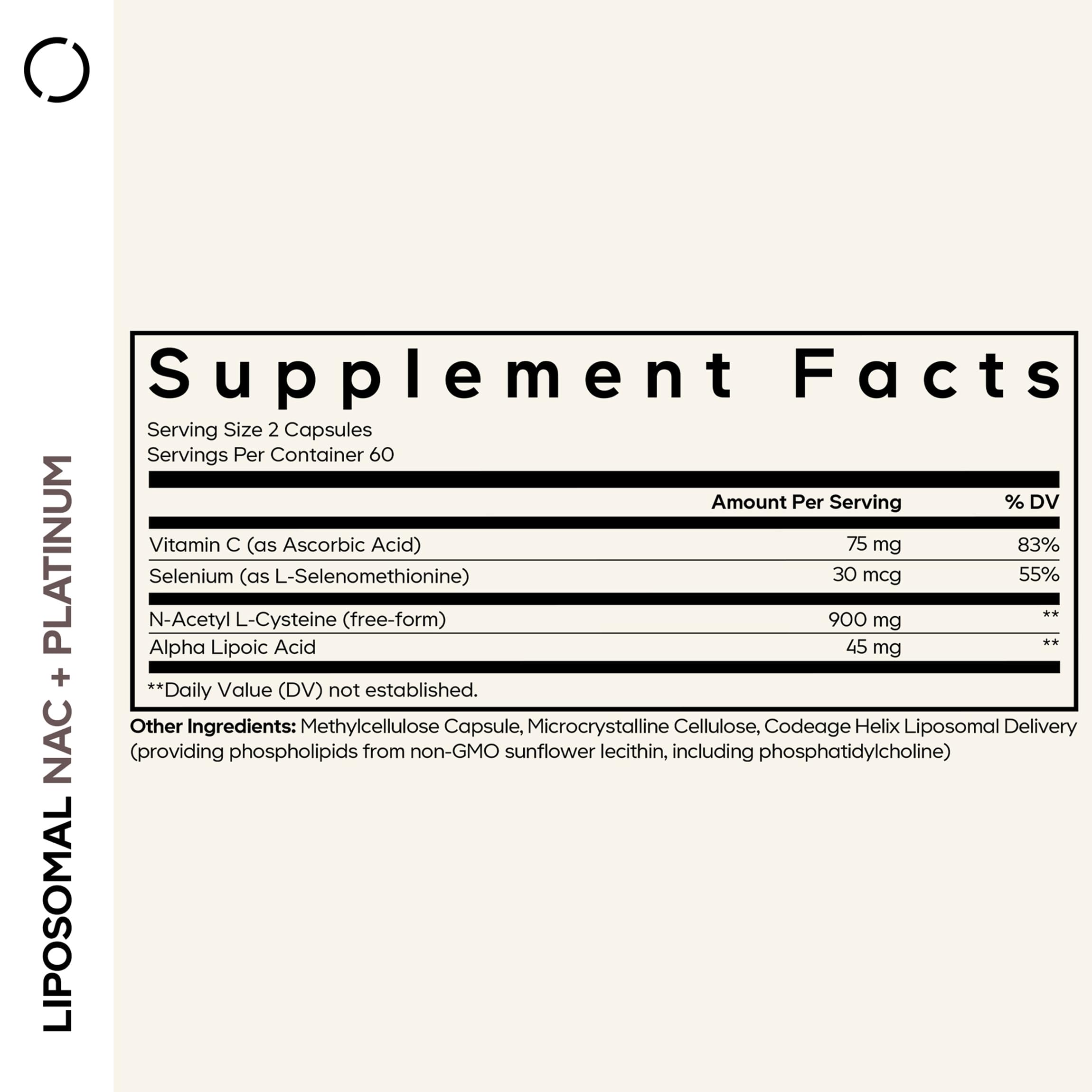 Codeage Liposomal NAC+ Platinum capsules closeup highlighting convenient vegan capsules.