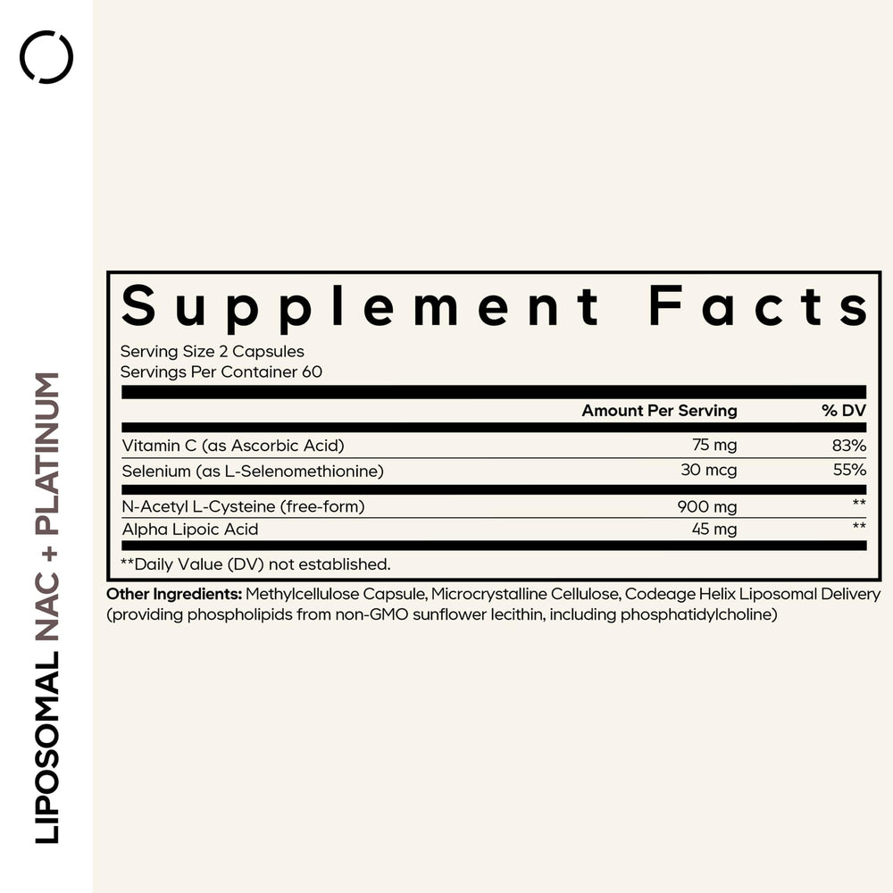 Codeage Liposomal NAC+ Platinum capsules closeup highlighting convenient vegan capsules.